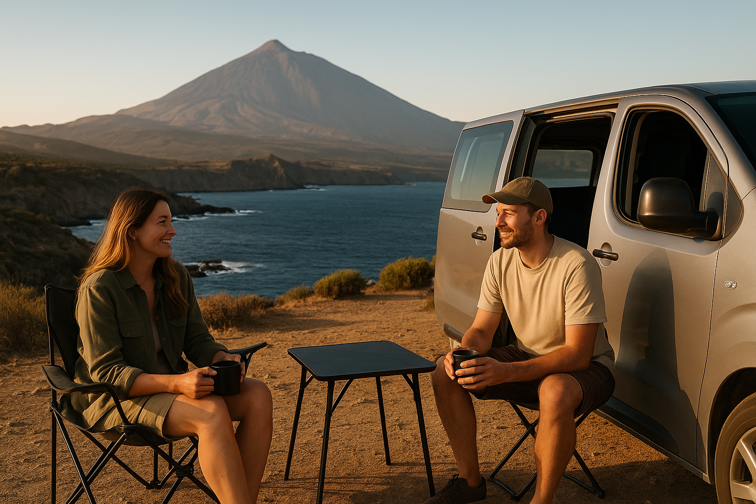 Camper de VivoRent junto al mar en Tenerife al atardecer